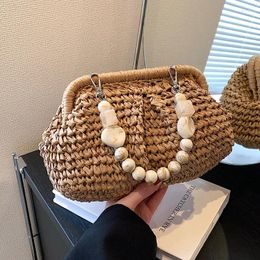 Drawstring Vintage Straw Weave Handbags Retro Khaki Beige Fashion Seashell For Women Summer Bohemia Beach Beaded Shoulder Bags