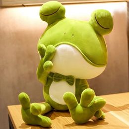 38-50CM Cute Sleeping Frog Plush Toy Throw Pillow Playful Green Bow Squinting Eye Bed Soothing Rag Doll Children Birthday Gift 240411