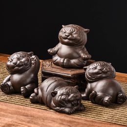 Chinese Purple Clay Tea Pet Lucky Cute Tiger Ornaments Desktop Handmade Crafts Home Set Decoration Accessories Gifts 240411