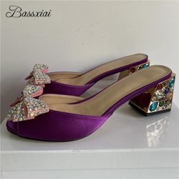 Dress Shoes Luxury Rhinestone Butterfly-Flower Sandals Women Colourful Diamond Square Heel Satin Slingbacks Peep Toe Summer Sandalias