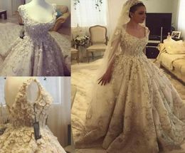 Luxury Lace Ball Gown Wedding Dresses Scoop Neck 3D Floral Appliques Beads Rhinestone Suadi Arabic Beach Wedding Dress Sweep Train2207651