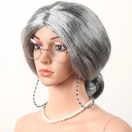 Party Decoration Old Woman Silver Grey Hair Eyeglasses Chain Necklace Dress Up Show Wig Cosplay Costume Great Santa Claus Grandmother