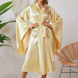 Graceful Female Silk Like Bathrobe Pure Colour V Neck Nightgown Wraps Lounge Wear Home Clothes Customised Plus Size