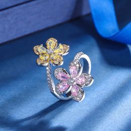 Luxury Pink Quartz Topaz Flower-Shaped Adjustable Ring Wedding Ring Gemstone Cocktail Party Jewelry Anniversary Gift Accessories