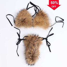 DEALS New Fashion Designer Wholesale Womens Swimwears Sexy Bikinis Swimsuits Womens Swimwear YOLOAgain Women Natural Raccoon Fur Real Bikini Set Bra Detachable 2