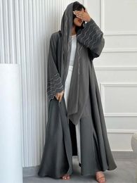 Ethnic Clothing Ramadan Eid Women Grey Black Dubai Khimar Abaya Islam Muslim Kimono Hijab Dress Set Kebaya Kaftan Djellaba Robe Femme