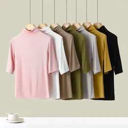 Women's T Shirts Rib Mockneck Bottoming Tshirts Women Spring Slim T-shirt Half Sleeves Solid Color Plus Size Base Tee Tops All Match