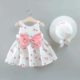 Girl's Dresses 2024 Girl Clothes Summer Baby DressesGirls Princess Dress Cherry Large Flower Childrens Slip Dress with Hat