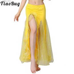 Sexy Skirt Women y Belly Dance High Split Skirt Elastic Waistband Sequined Ruffle Skirts Bellydance for Party Carnival Stage Performance L410