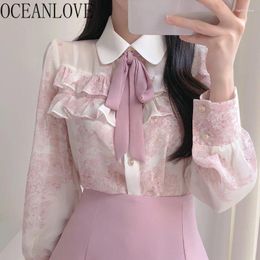 Women's Blouses OCEANLOVE Chiffon Women Tops Ruffles Korean Fashion Vintage Blusas Mujer Bow Elegant Spring Autumn Pink Shirts