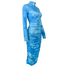 Sky Blue Tie Dye Mock Neck Zippered Long Sleeves Ruched Knee Length Printing Kylie Party Midi Dress
