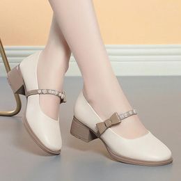 Dress Shoes 4cm Breathable Shallow Pearl Bow Sweet Mary Janes Women Pumps Spring 2024 Med Square Heels Leather For Office Mom Girls