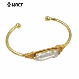 WT-B489 WKT Natural Pearl Wire Wrapped Bangle Gold Bezel Irregular Pearl Bracelet Women Fashion Charm Bracelet Jewellery Gift 240408