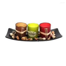 Candle Holders Flameless Candles LED Flickering Battery Operated Tealight Ornaments With Decorative Leaf And Pebbles On Wood Tray For