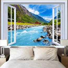 Tapestry Tapestries Landscape Window Outside The Mountain Lake Sunset Natural Scenery Wall Hanging Aesthetic Room Bedroom Decor Background R0411