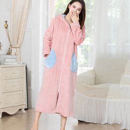 New Flannel Robe Women Coral Fleece Hoody Warm Thicken Thermal Bathrobe Cute Pocket Long Gown Sleepwear Winter Homewear Bathrobe