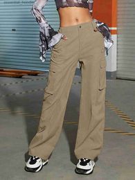 Women's Pants Capris Womens fashionable flip pocket side cargo pants BF pocket wide leg hip-hop sports pants high waist casual umbrella pants C240411