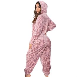 Female Nightwear Women Pyjama Floral Print Long Sleeve Hooded Jumpsuit Home Wear Clothes with Zipper for Fall Winter S/M/L/XL