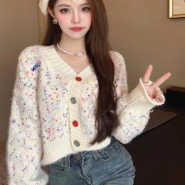 Women's Knits Sweet Colour Dots Short Crop Jacket For Girls Knitted Cardigan Sweater Coat Sexy Women Loose V-neck Jumper Outerwear Korean