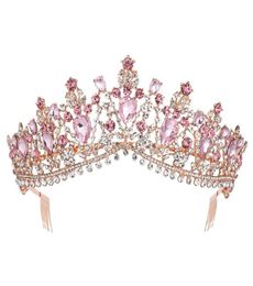 Baroque Rose Gold Pink Crystal Bridal Tiara Crown With Comb Pageant Prom Rhinestone Veil Tiara Headband Wedding Hair Accessories Y9686779