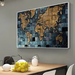 Abstract Wood Art Canvas Prints Black And Golden Collage World Map Posters 3D Texture Modern Wall Decor Painting For Living Room