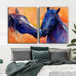 Blue Colorful Horses Posters Horse Couples Animals Canvas Painting HD Print Modern Wall Art Pictures For Living Room Home Decor