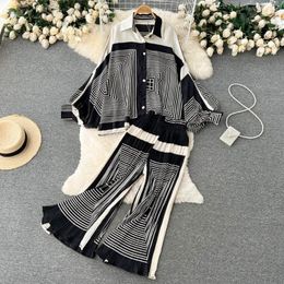 Home Clothing Fashion Women Pyjamas 2-piece Sets Lantern Sleeve Printed Shirt Top High Waist Casual Wide Leg Pants Two-piece Set Sleepwear