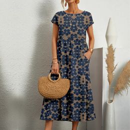 Elegant and fashionable womens cotton linen dress round neck printed short sleeved Aline skirt unique floral long 240411