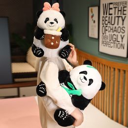 Creative Plush Panda Toy Kawaii Panda with Bubble Tea Cup/Bamboo/Flower Stuffed Animal Doll Toys for Friends Lovers Kawaii Gifts