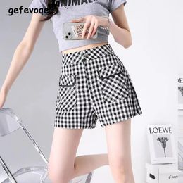 Summer Women Korean Fashion Retro Elegant Plaid Print Aline Shorts Female High Waist Casual Pockets Split Chic Short Pants 240411