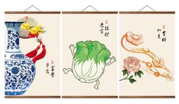 AS3069 Chinese Style Green Plants Flower Room Wall Art Canvas Posters Chinese Solid Wood Scroll Paintings