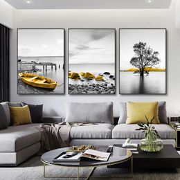 Modern Gold Boat and Sea Landscape Canvas Paintings Wall Art Pictures Posters and Prints Home Decorative Cuadros No Frame