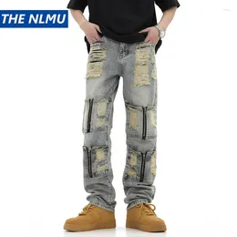 Men's Jeans 2024 Ripped High Street Straight Trousers Destroyed Hole Baggy Denim Pants Vintage Retro Hip Hop