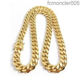 Stainless Steel Jewelry 18k Gold Plated High Polished Miami Cuban Link Necklace Men Punk 15mm Curb Chain Double Safety Clasp 18inch-30inch DJZ0