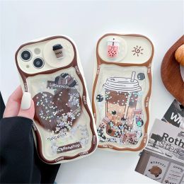 Cute Sweet Coffee Cup Glitter Stars Phone Case For iPhone 14 11 12 13 Pro Max Push Window Lens Slide Camera Protector Back Cover