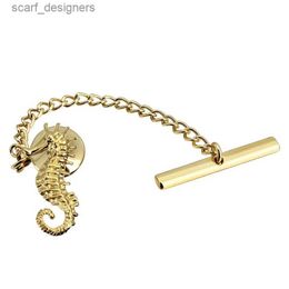 Tie Clips HAWSON New Design Gold Seahorse Tie Tack Pin with Safety Chain for Regular Necktie Mens Jewelry Y240411