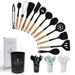 Black Food Grade 1Pcs Silicone Kitchen Utensils Set Non-Stick Cookware Wooden Handle Spatula Egg Beaters Kitchen Accessories