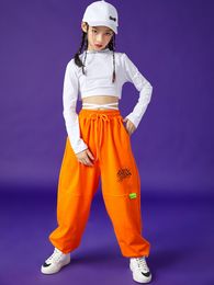 Kpop Girls Clothes White Crop Tops Orange Sweatpants Long Sleeves Hip Hop Costume Kids Modern Dance Practise Show Wear BL9384
