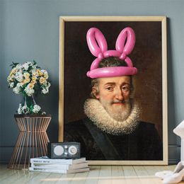 Funny Altered Art Print Poster King Henri IV of France Rabbit Ears Canvas Painting Renaissance Portrait Wall Art Home Decor