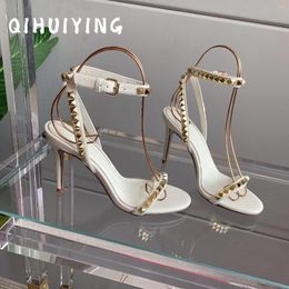 Sandals QIHUIYING Handmade Genuine Leather Ankle-Strap Open-Toe High Heel Woman Rivet Decora Stiletto Ladies Wedding Botas Mujer