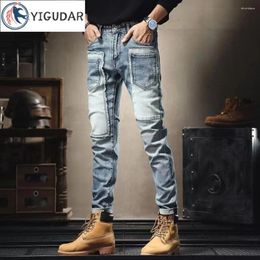 Men's Jeans 2024 Fashion Colour Contrast Stitching Men Trendy High Street Stretch Slim-fit Skinny Pants Motorcycle Splice Trousers
