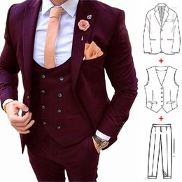 Men's Suits 2024 Tailor Made Burgundy Wedding For Men Slim Fit Groom Tuxedo 3 Piece Male Blazer Pants Vest Set Costume Homme Mariage