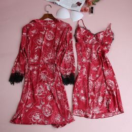 Floral Print Robe Set Women Nighty&Robe Set Satin 2PCS Sleepwear Lace Trim Kimono Gown Female V-neck Sleep Set Nightwear