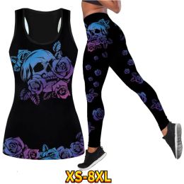 Jogging Yoga Pants Vest Set Women Fall Casual Leggings Set with a Bold Print Skull Pattern XS-8XL