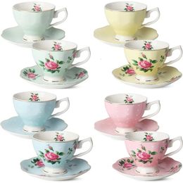 Floral Tea Cups and Saucers Set of 8 oz Multicolor with Gold Trim Gift Box Coffee Cup 240411