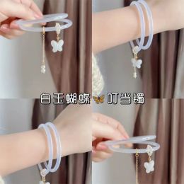 2Pcs/Set Natural Jade Jingle Butterfly litchi jelly Bangles Retro simple girl Antique Glass Bracelet Women's Jewellery Gifts