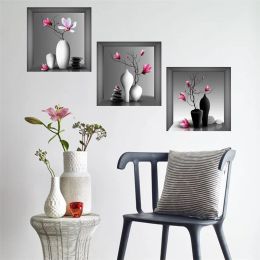 Creative Art Magic Fake 3D Vinyl Wall Sticker Ceramic Vases Design Green Plants Flower Decals Mural for Dining Living Room Decor