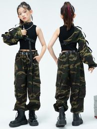 Modern Jazz Dance Costume Girls Camouflage Sleeves Pants Hip Hop Performance Outfit Kids Concert Stage Clothes Rave Wear BL10051