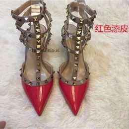 Rivet Leather Shoes High Designer Heel Version Single Shoe Womens Stud Thin Pointed Buckle Valenstino Fashionable Sexy Pump 8EO0