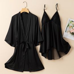 Female Twinset Robe Gown Set Lace Sleepwear Spring Summer Kimono Bathrobe Suit Nightgown Lady Silky Satin Home Wear Home Dress